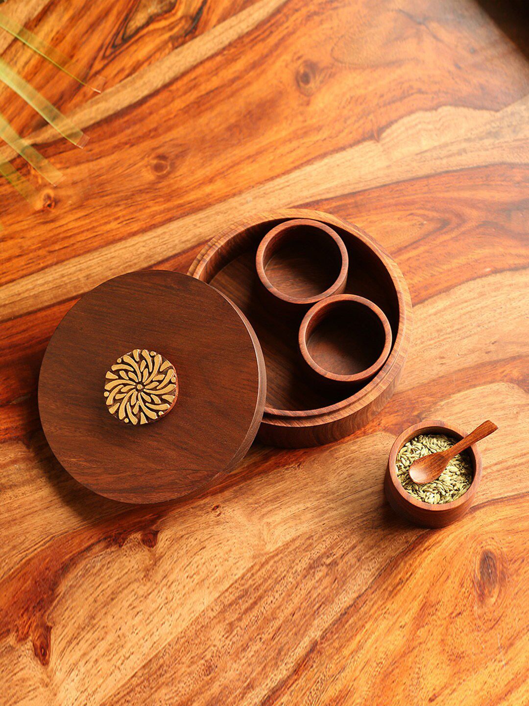 ExclusiveLane Three Containers Brown Handcrafted Wood-Based Refreshments Box with Spoon Price in India