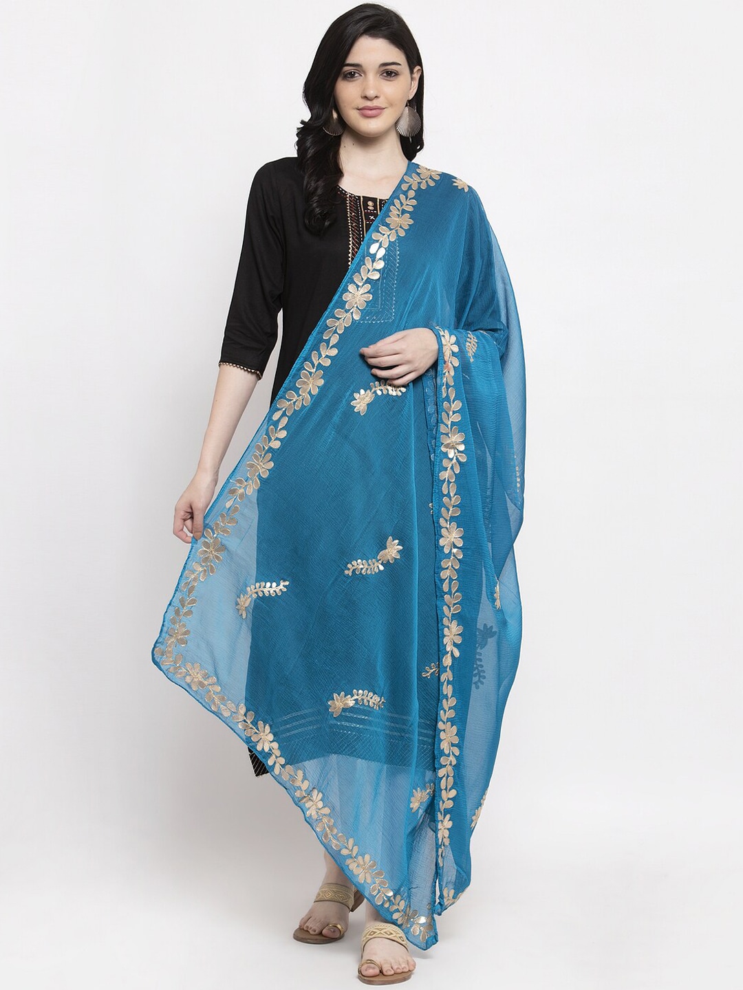 Clora Creation Turquoise Blue & Gold-Toned Woven Design Dupatta Price in India