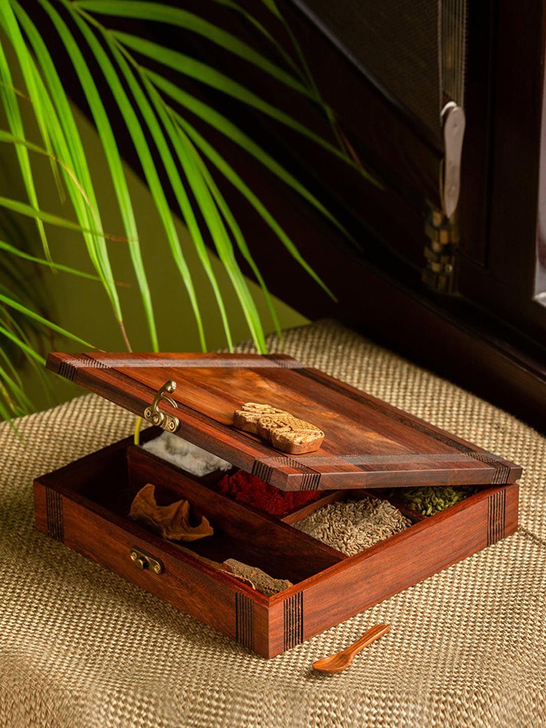 ExclusiveLane Brown Solid Handcrafted Sheesham Wooden Spice Box With Spoon 70 ML Price in India
