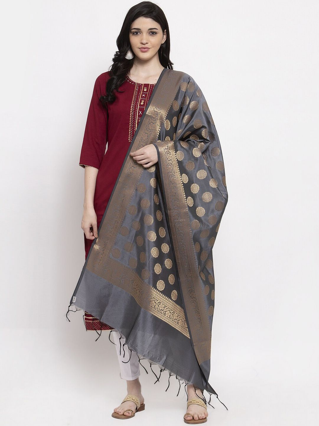 Clora Creation Grey & Gold-Toned Woven Design Banarsi Silk Dupatta Price in India