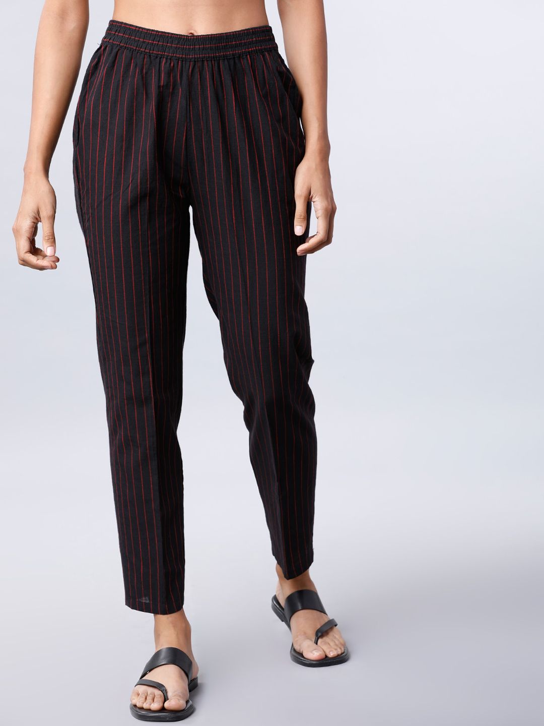 Vishudh Women Black & Red Slim Fit Striped Regular Trousers Price in India