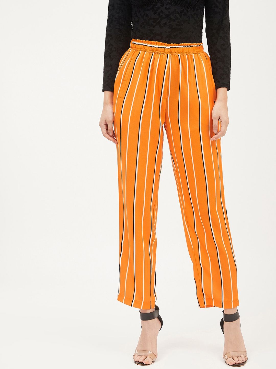 Harpa Women Mustard Yellow & White Smart Regular Fit Striped Trousers Price in India