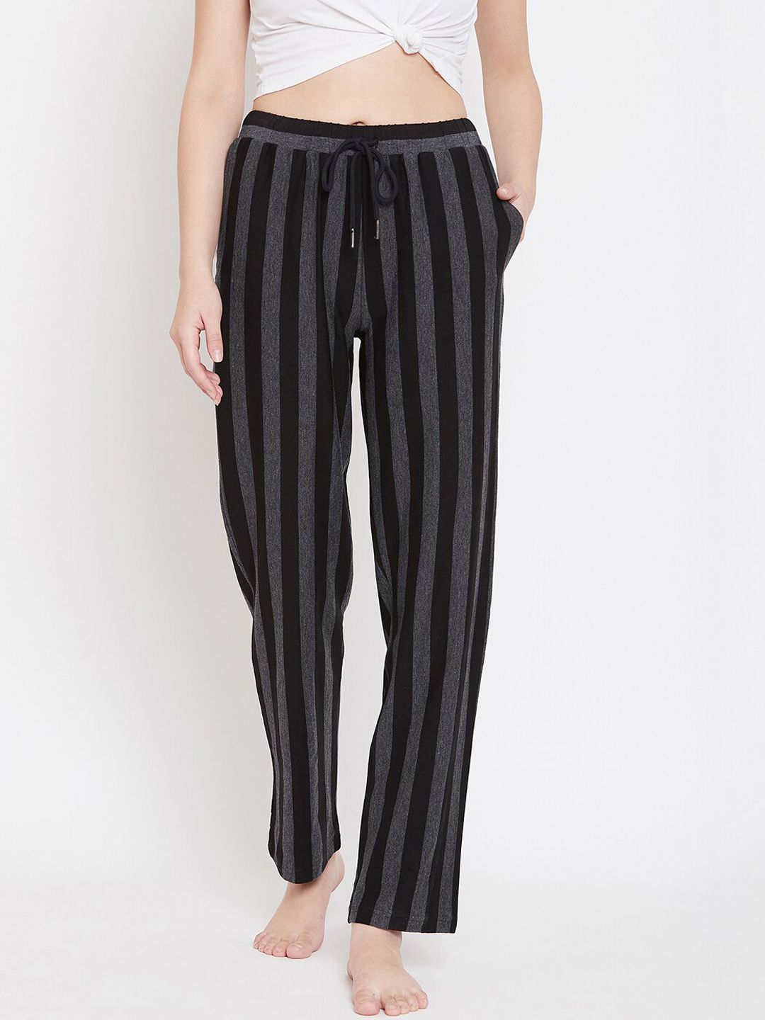 Hypernation Women Black & Grey Striped Lounge Pants Price in India