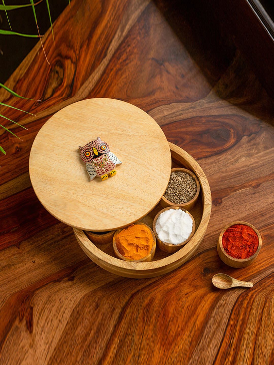 ExclusiveLane Gold-Toned Mango Wooden Spice Box with Spoon Price in India