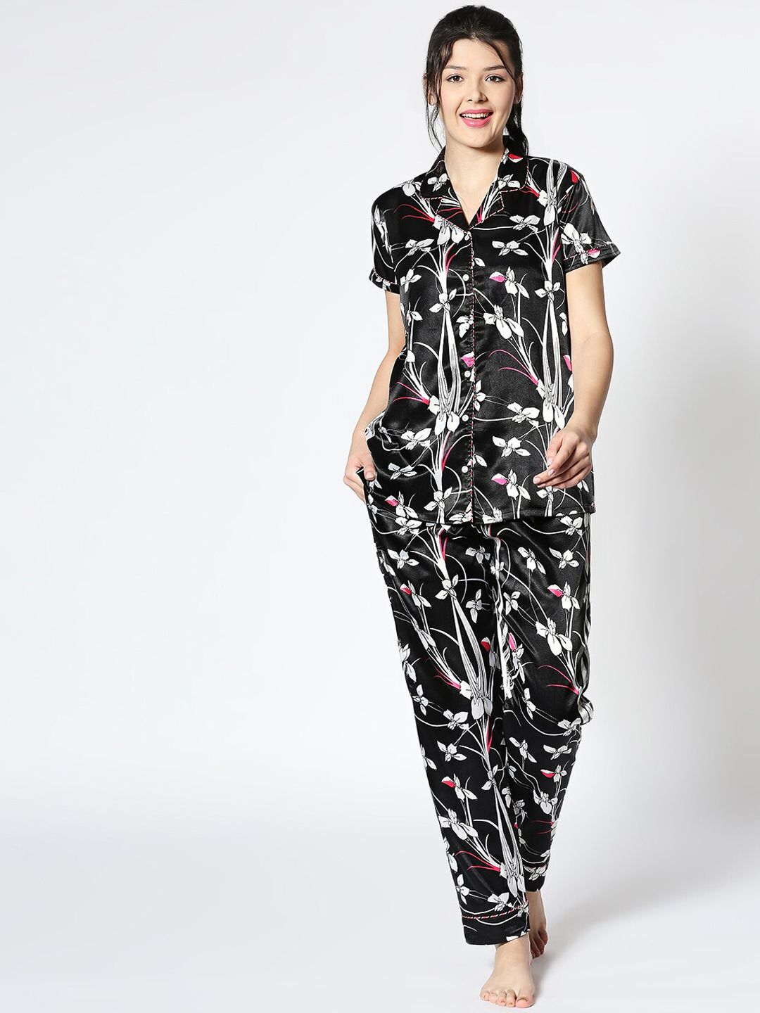 I like me Women Black & White Printed Night Suit Price in India