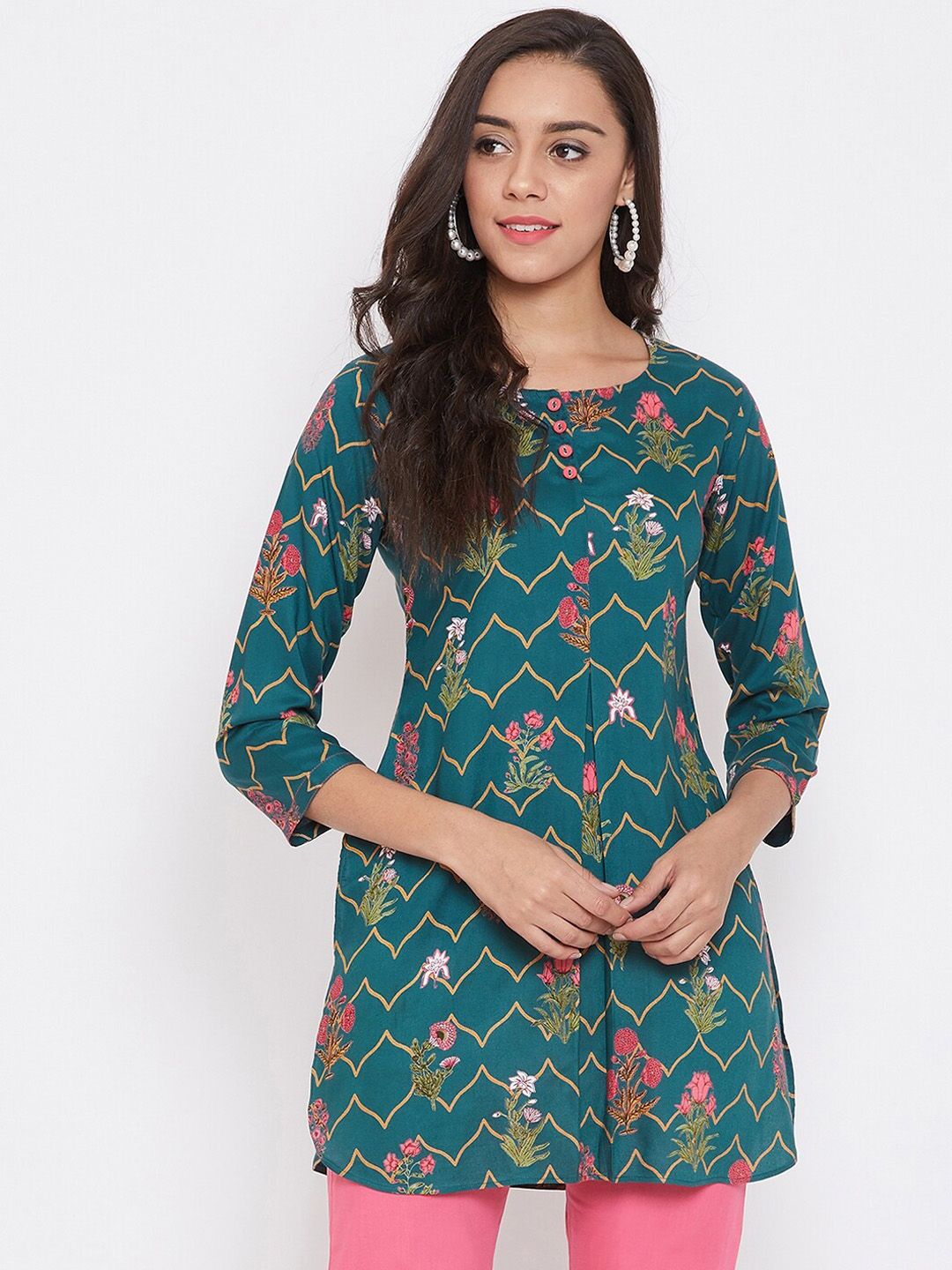Tissu Women Green & Pink Floral Printed Kurti