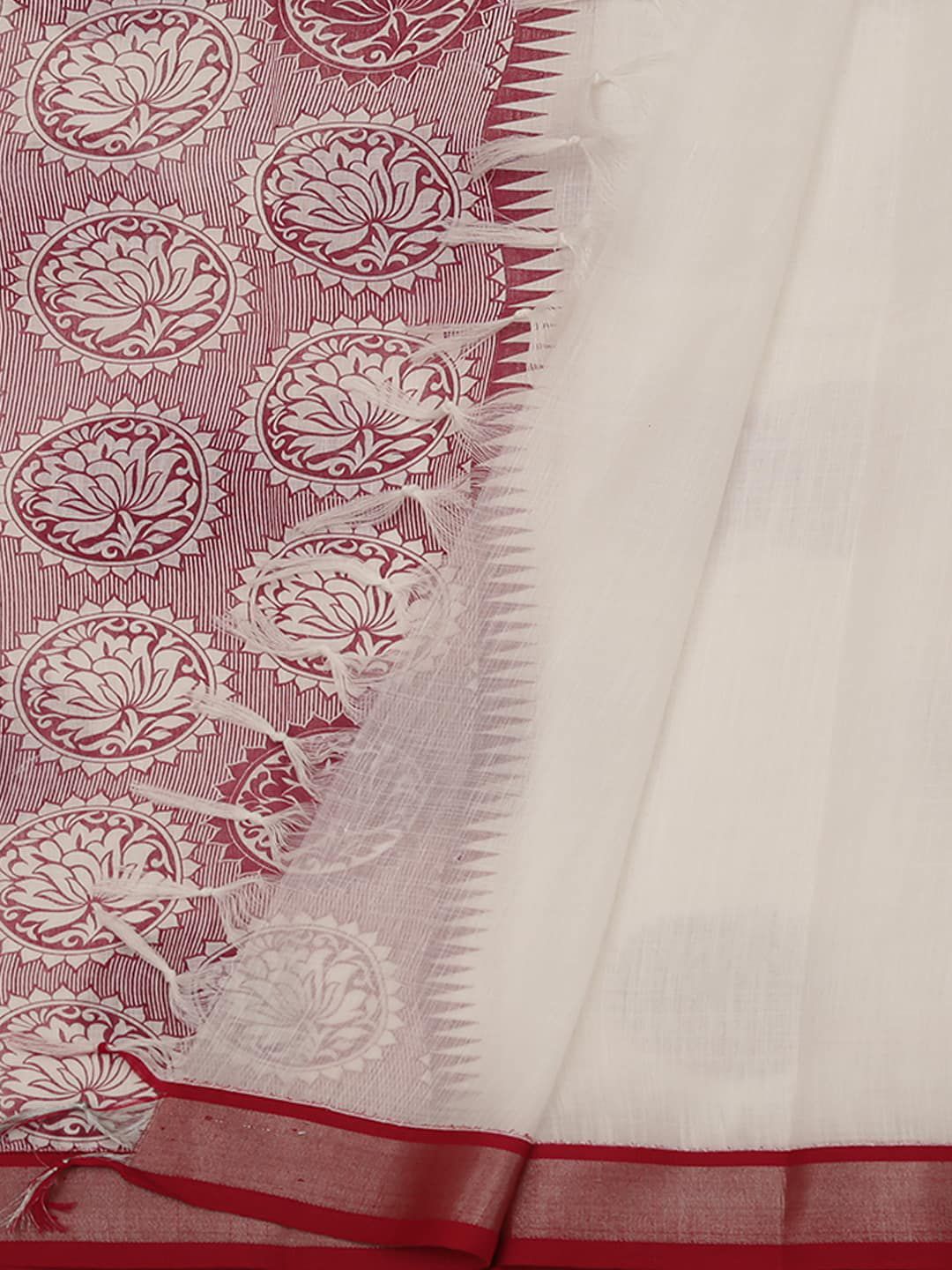 Pothys Off-White & Red Linen Blend Woven Design Saree