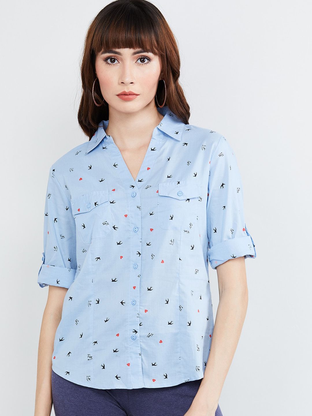 max Women Blue Printed Shirt Style Top