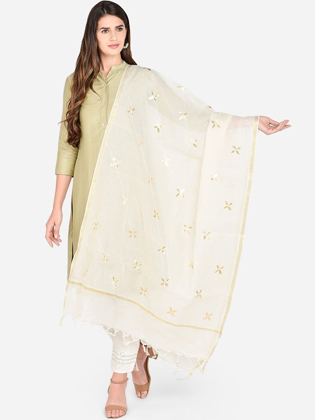 Cotton Dupatta Bazaar Cream-Coloured Gotta Patti Embroidered Cotton Dupatta Price in India