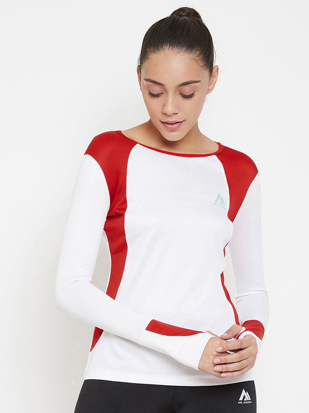 AGIL ATHLETICA Women White & Red Colourblocked Boat Neck T-shirt Price in India