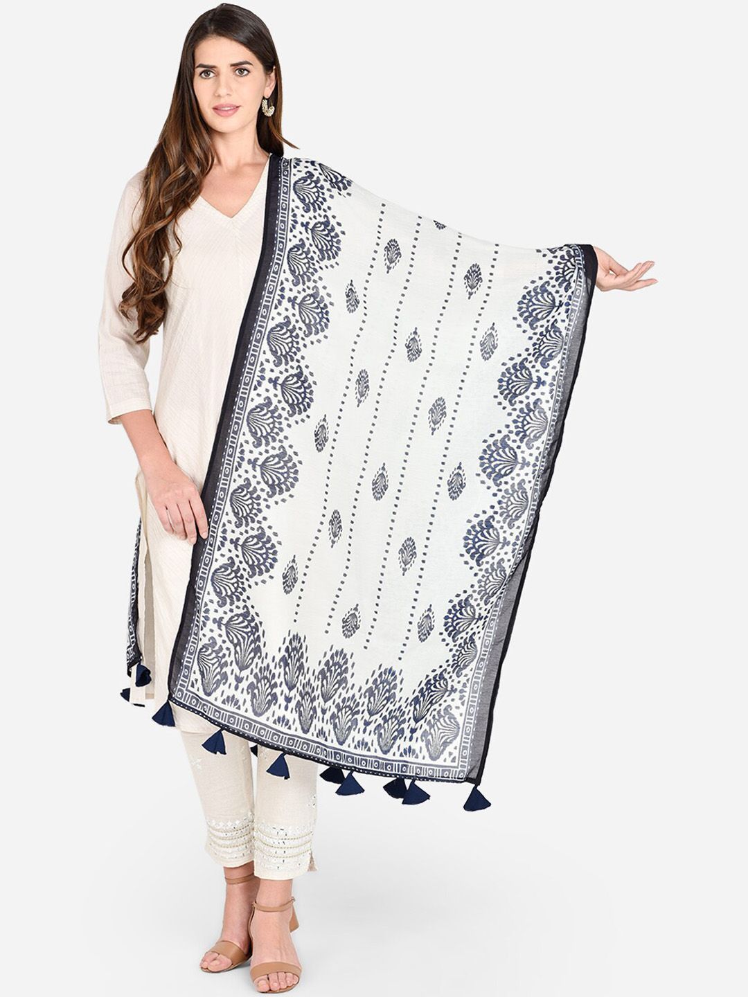 Dupatta Bazaar White & Navy Blue Printed Dupatta Price in India