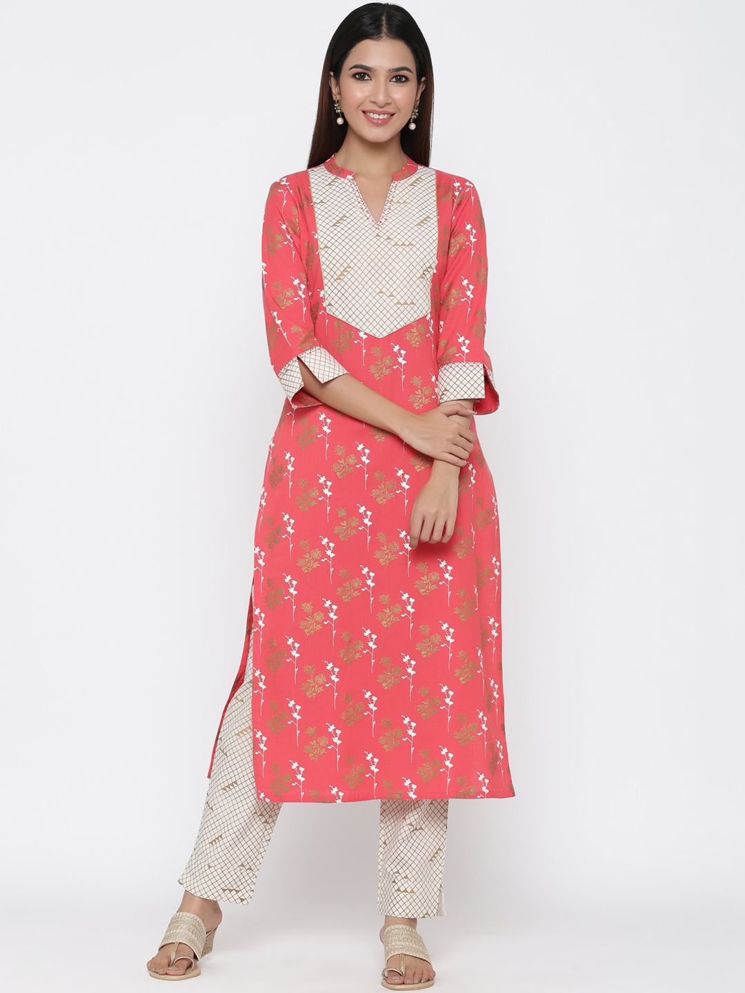 Jaipur Kurti Women Peach-Coloured Printed Kurta with Trousers Price in India