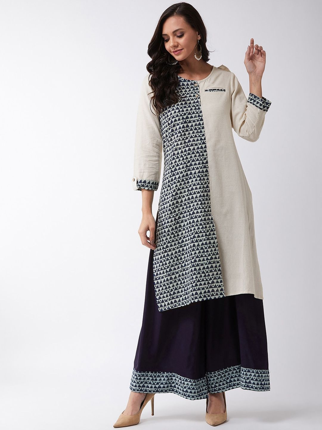 InWeave Women Off-White & Blue Printed Straight Kurta