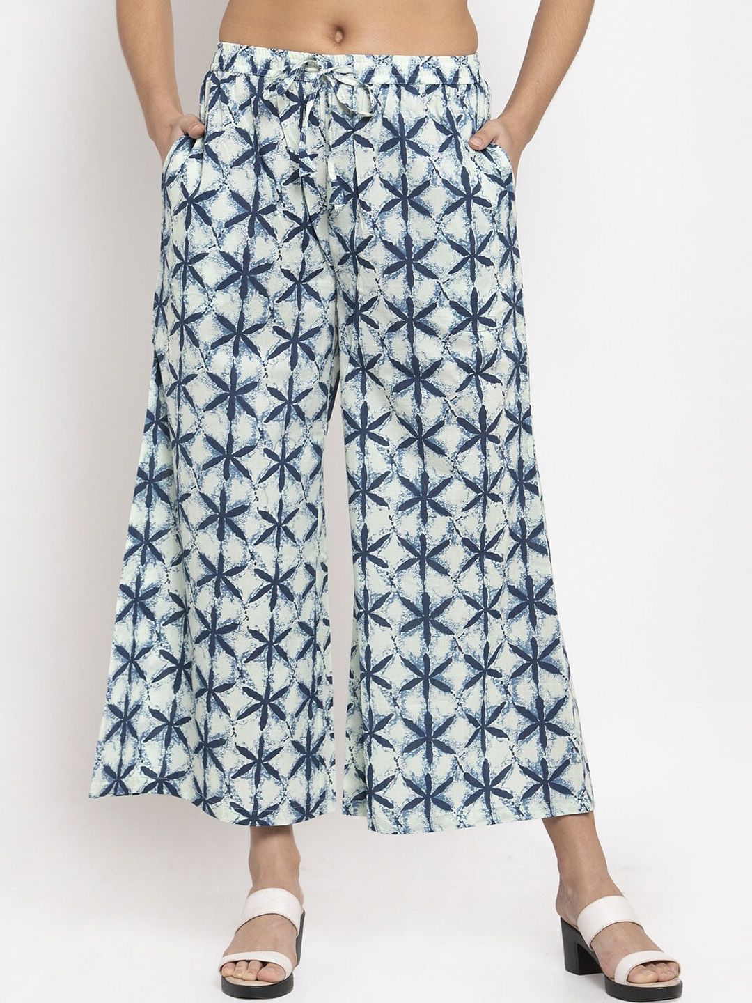 SOUNDARYA Women White & Blue Printed Flared Palazzos
