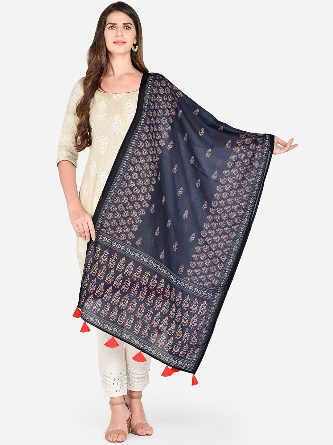 Dupatta Bazaar Charcoal Grey Printed Dupatta Price in India