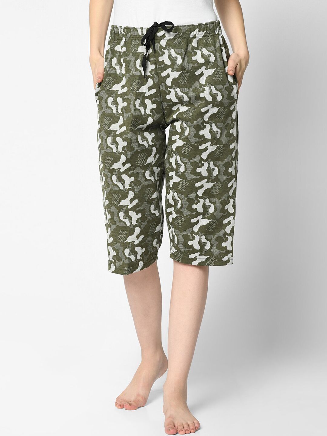 VIMAL JONNEY Women Olive Green Printed Lounge Shorts Price in India