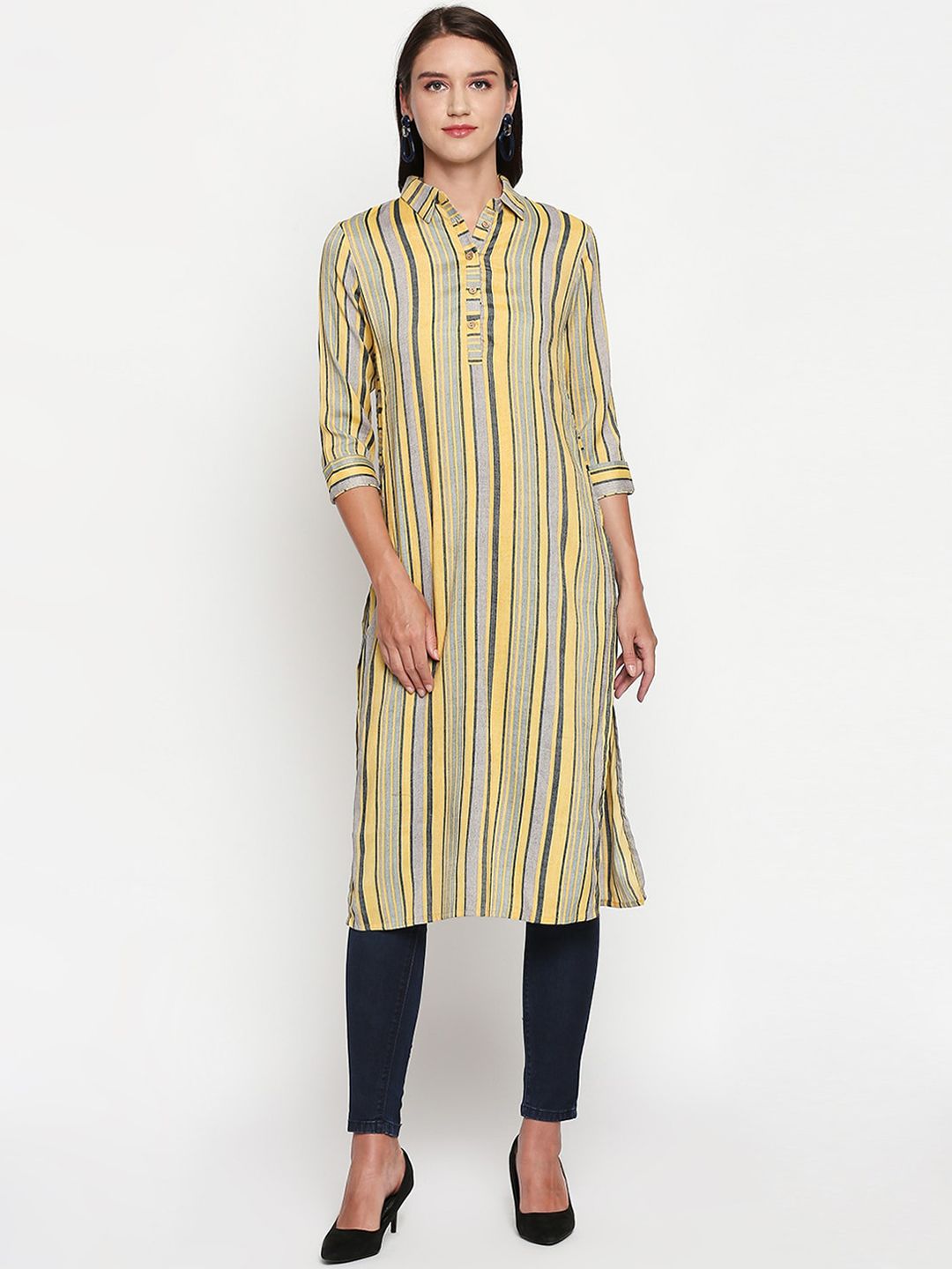 Lobaanya Women Yellow Striped Straight Kurta