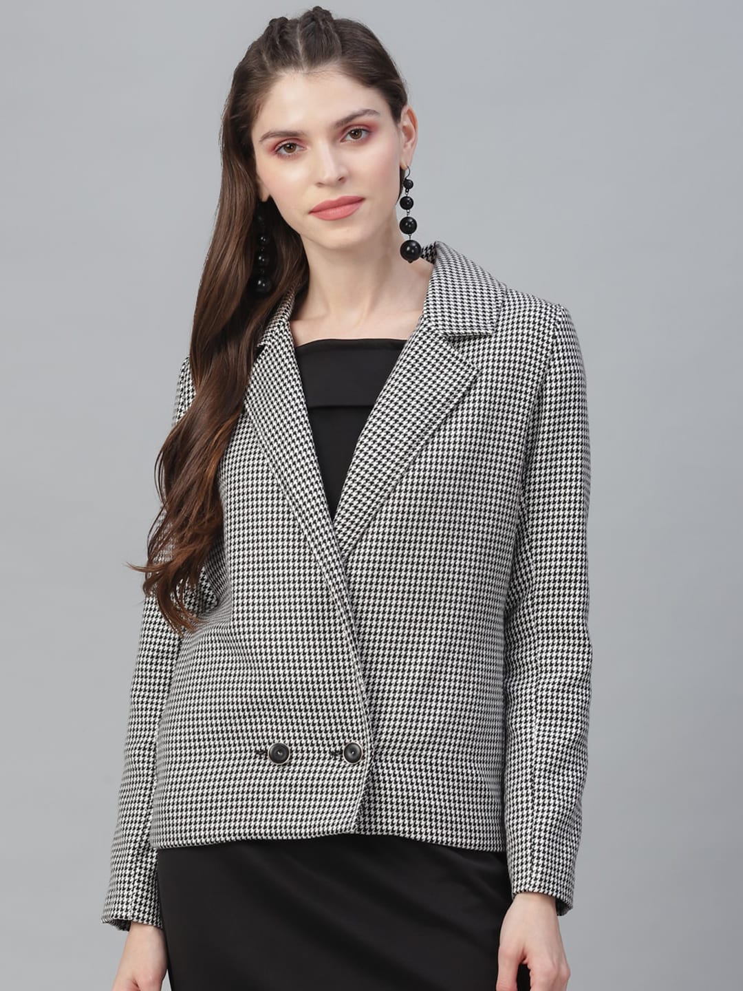 Athena Women Black & White Houndstooth Double Breasted Formal Blazer Price in India