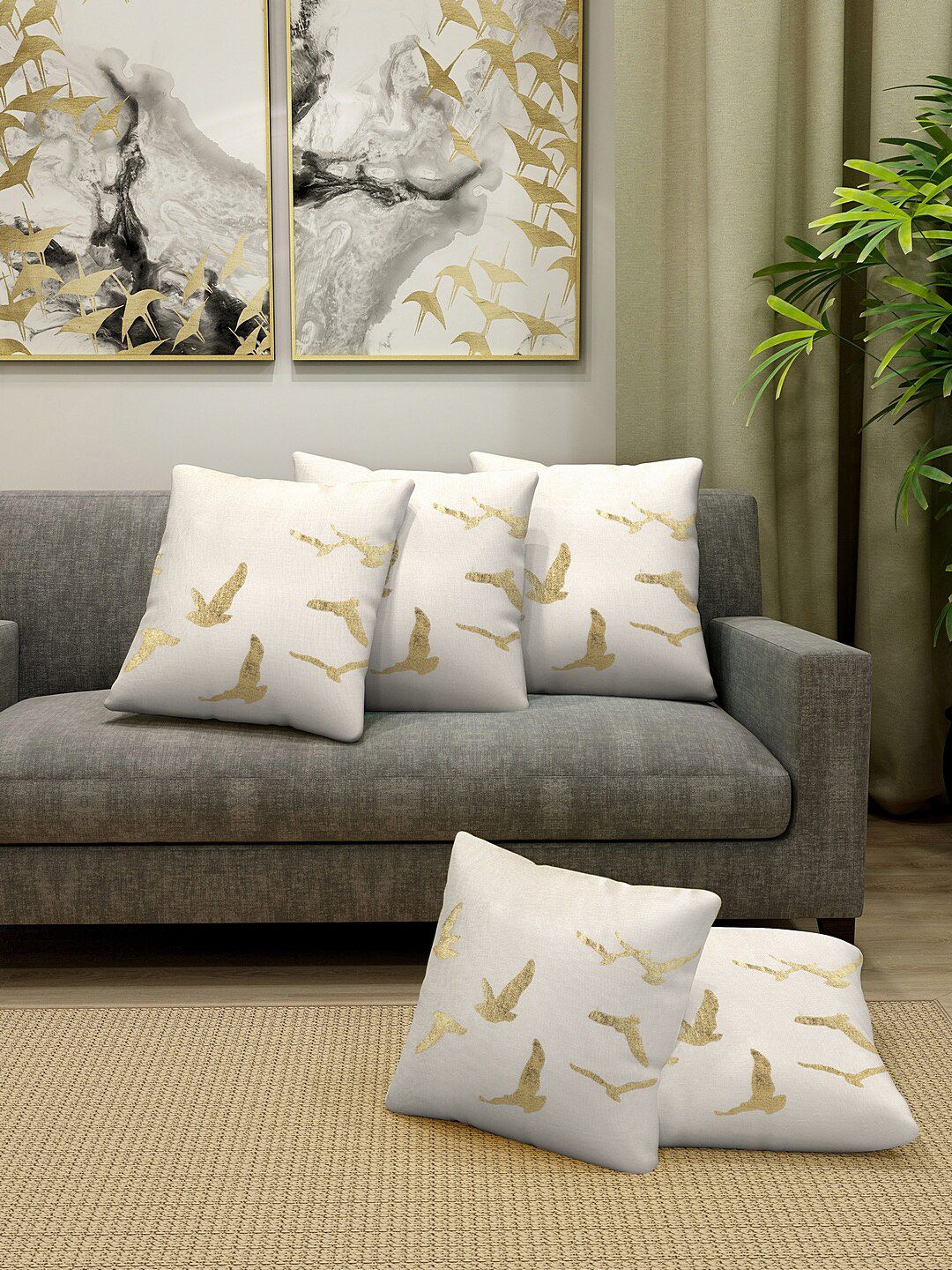 HOSTA HOMES Cream-Coloured Set of 5 Abstract Square Cushion Covers Price in India