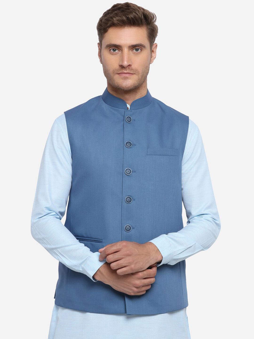 JADE BLUE Men Blue Solid Modi Jacket