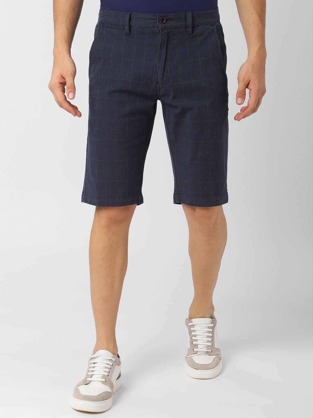 Peter England Casuals Men Navy Blue Checked Regular Fit Shorts