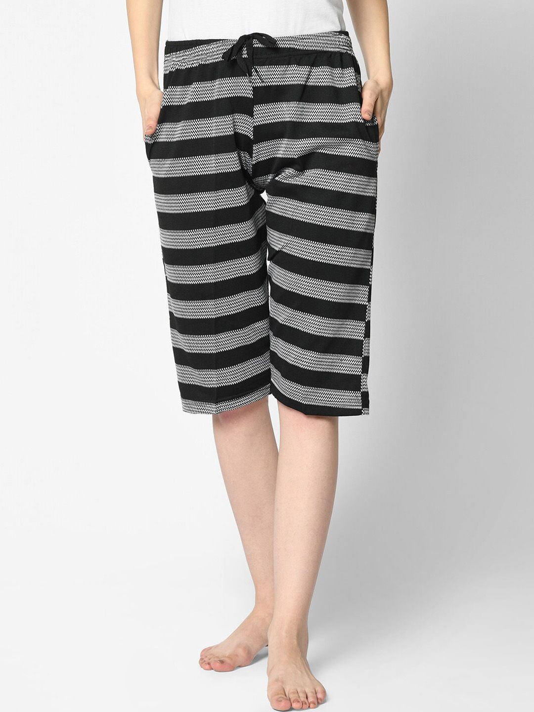 VIMAL JONNEY Women Black & Grey Striped Lounge Shorts Price in India