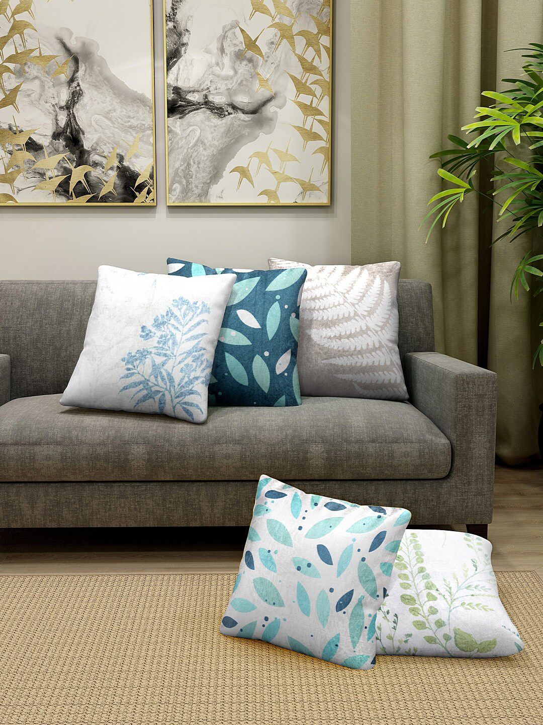 HOSTA HOMES White & Blue Set of 5 Floral Square Cushion Covers Price in India