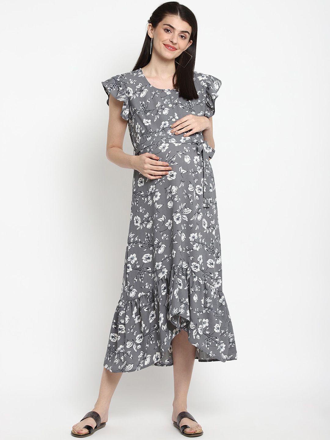 The Vanca Women Grey Printed Maternity Dress Price in India