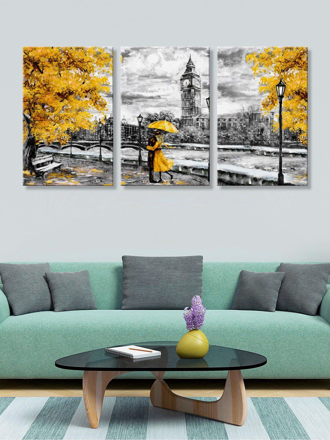 999Store Set Of 3 Grey & Yellow Beautiful Couple In Paris View Printed Canvas Paintings Price in India