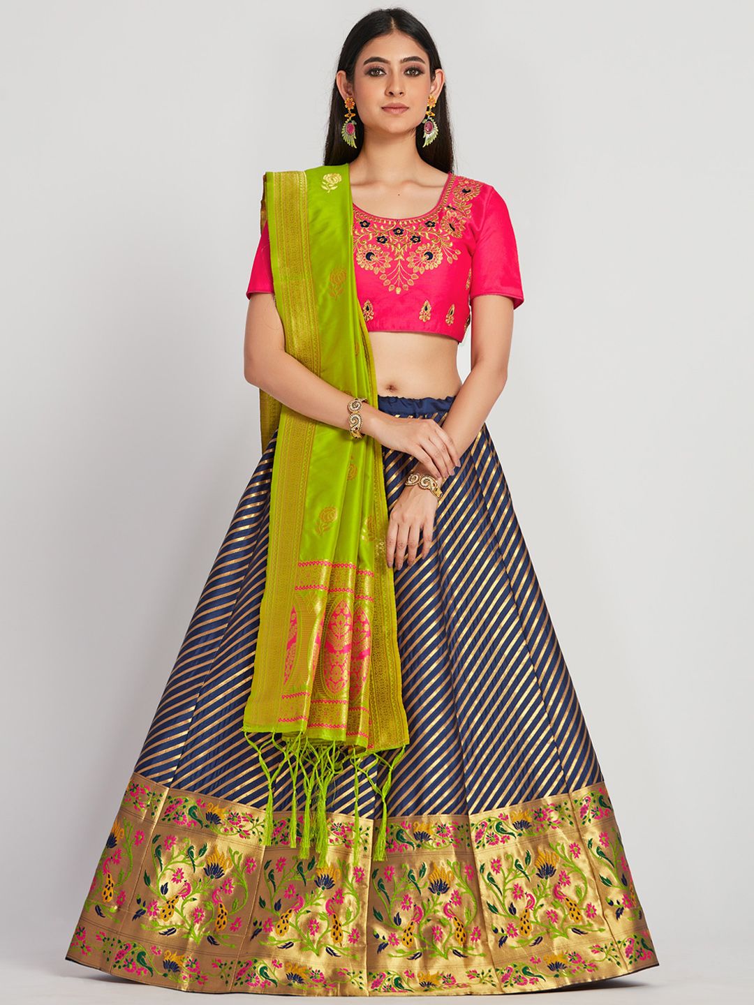 MIMOSA Grey & Yellow Embroidered Semi-Stitched Lehenga & Blouse with Dupatta