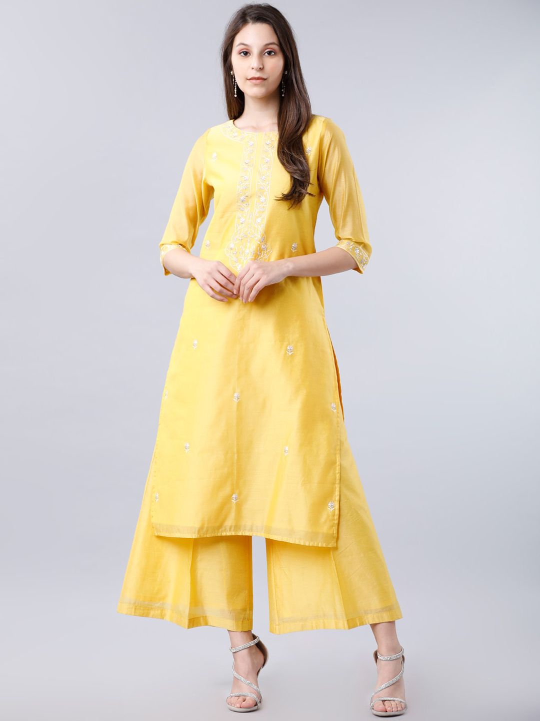 Vishudh Women Yellow Yoke Design Straight Kurta Price in India