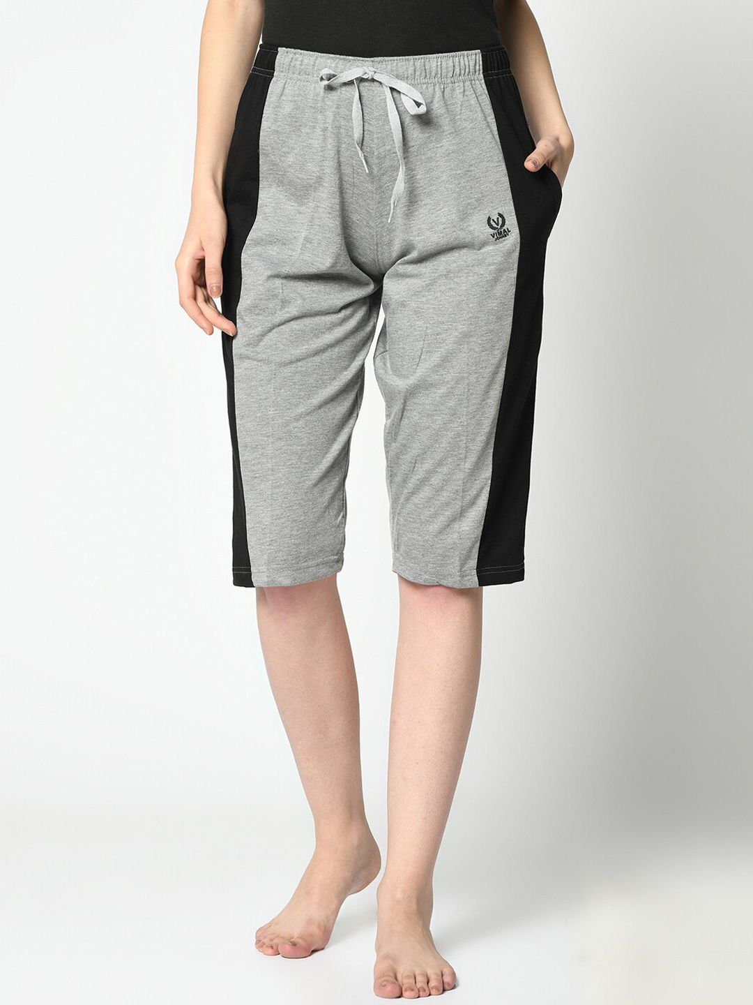 VIMAL JONNEY Women Grey & Black Colourblocked Lounge Shorts Price in India