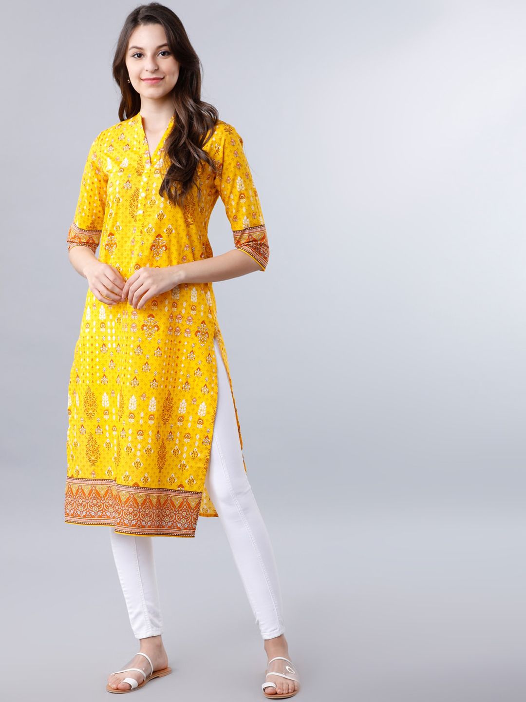 Vishudh Women Yellow & Orange Printed Straight Kurta Price in India