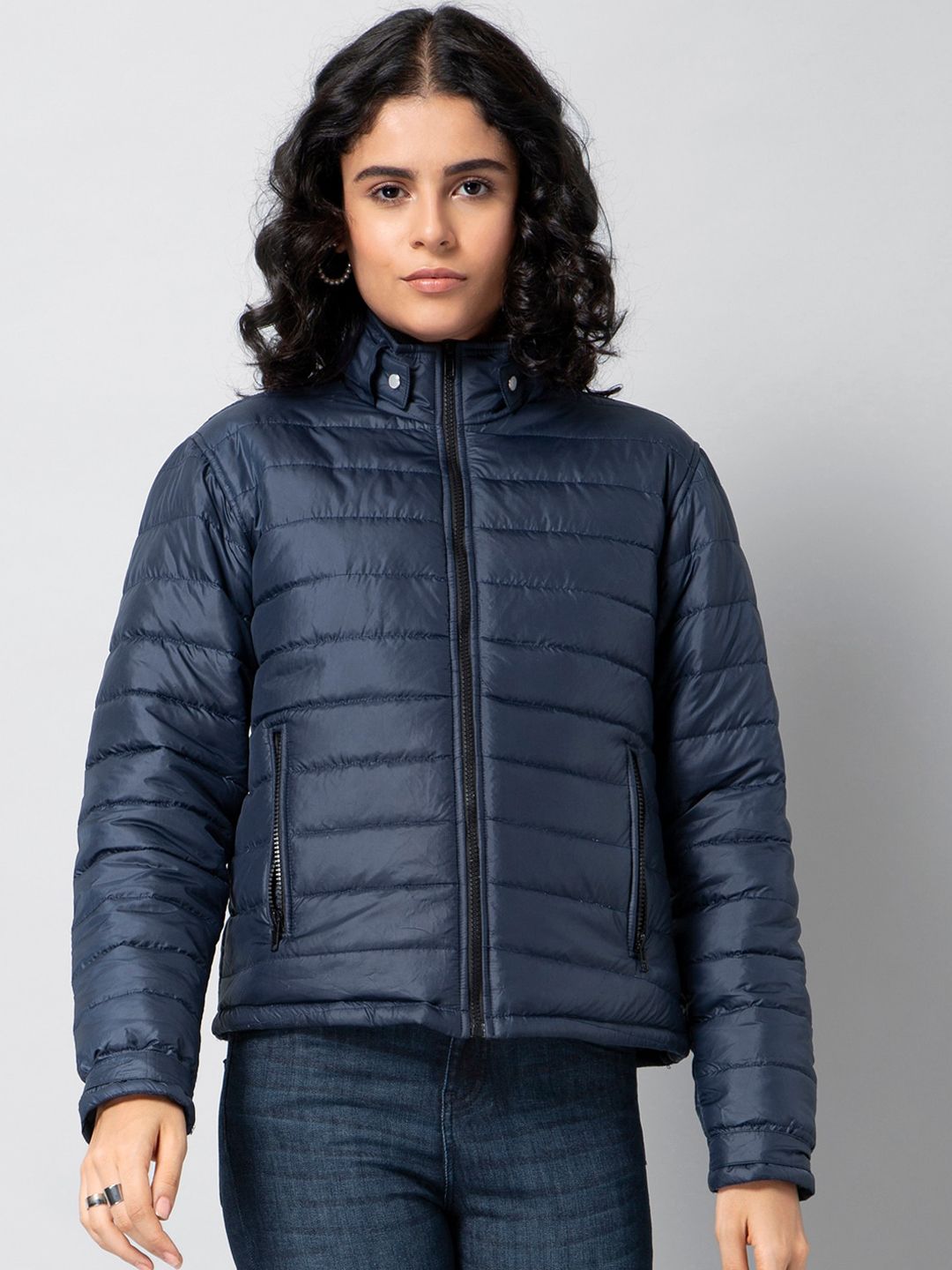 FabAlley Women Navy Blue Solid Lightweight Puffer Jacket Price in India