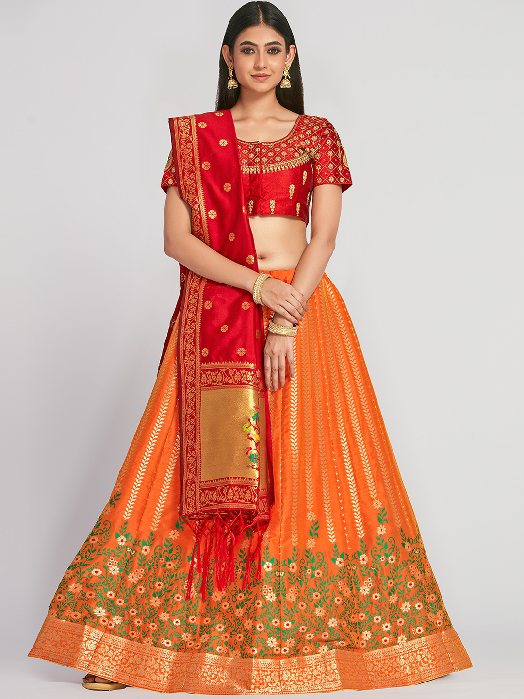 MIMOSA Orange & Red Embroidered Semi-Stitched Lehenga & Blouse with Dupatta Price in India