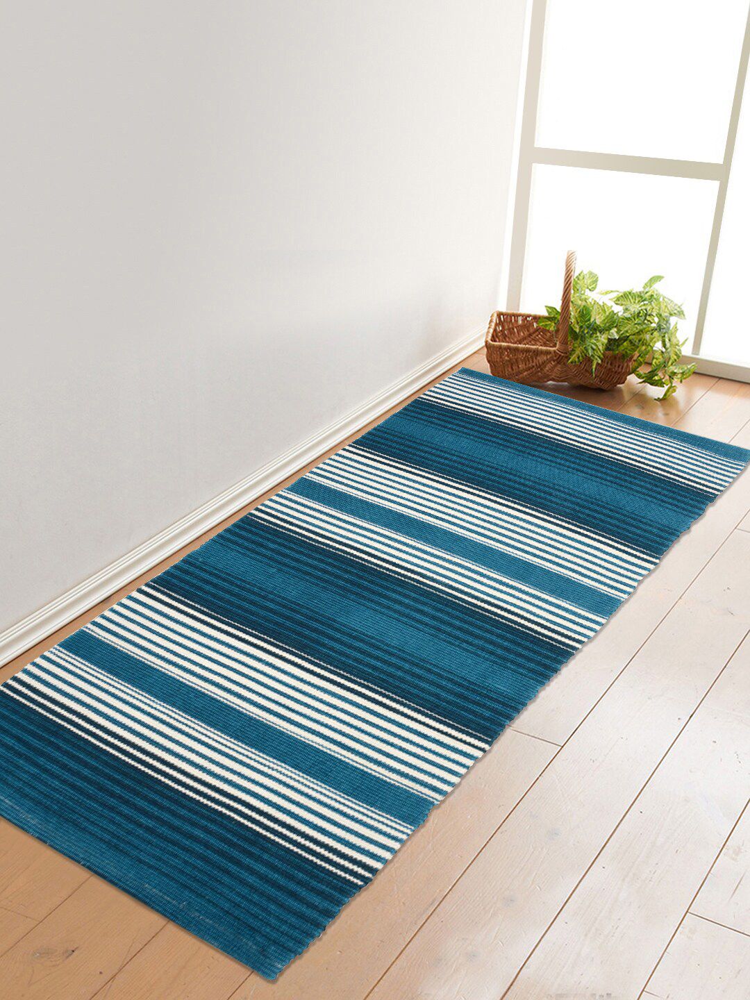 Saral Home Turquoise Blue & White Striped Multi-Purpose Dhurrie Price in India