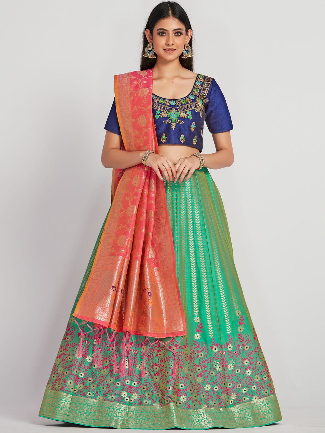 MIMOSA Blue & Green Embroidered Semi-Stitched Lehenga & Blouse with Dupatta