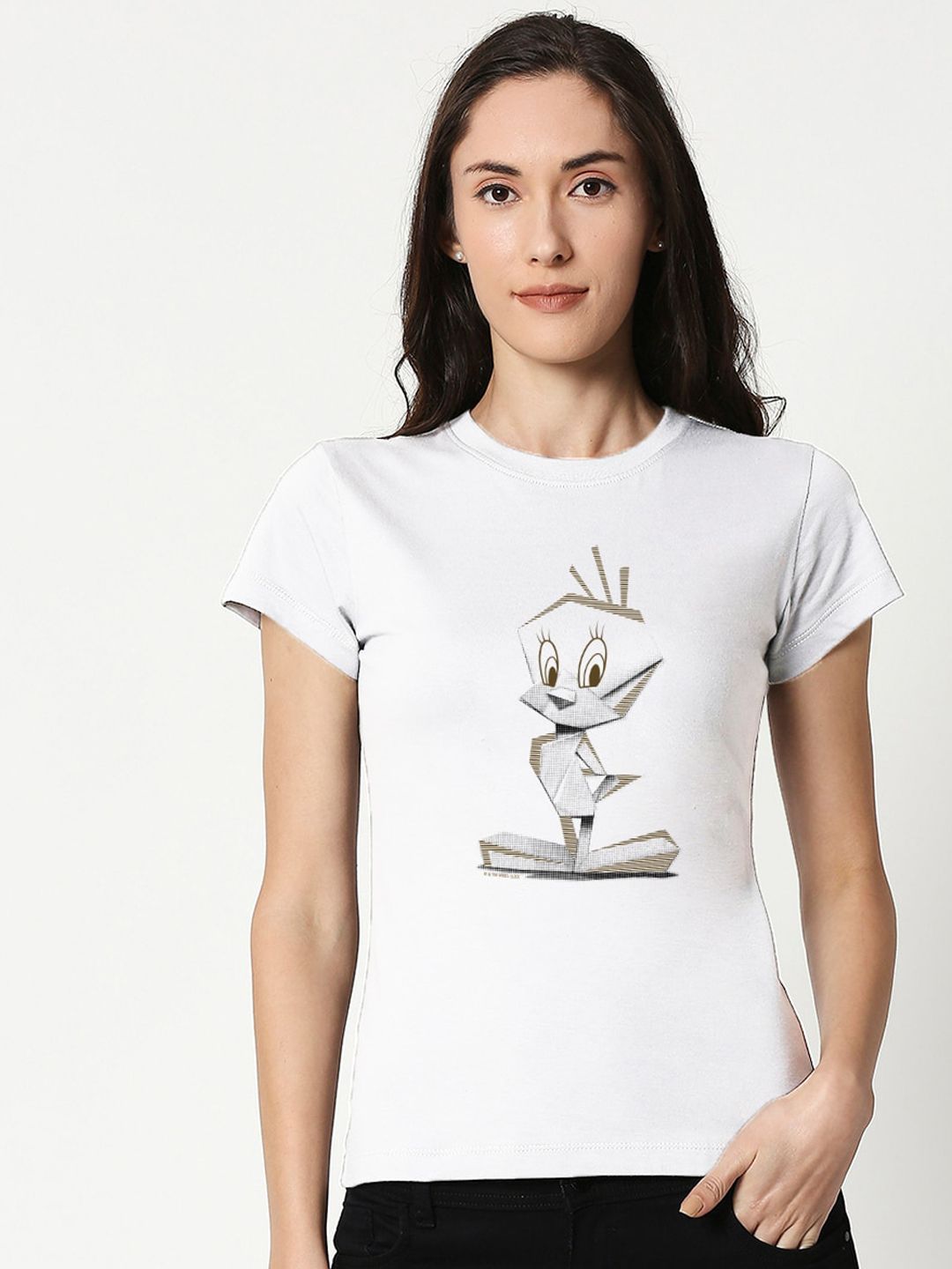 Bewakoof Women White & Beige Tweety Printed Round Neck T-shirt