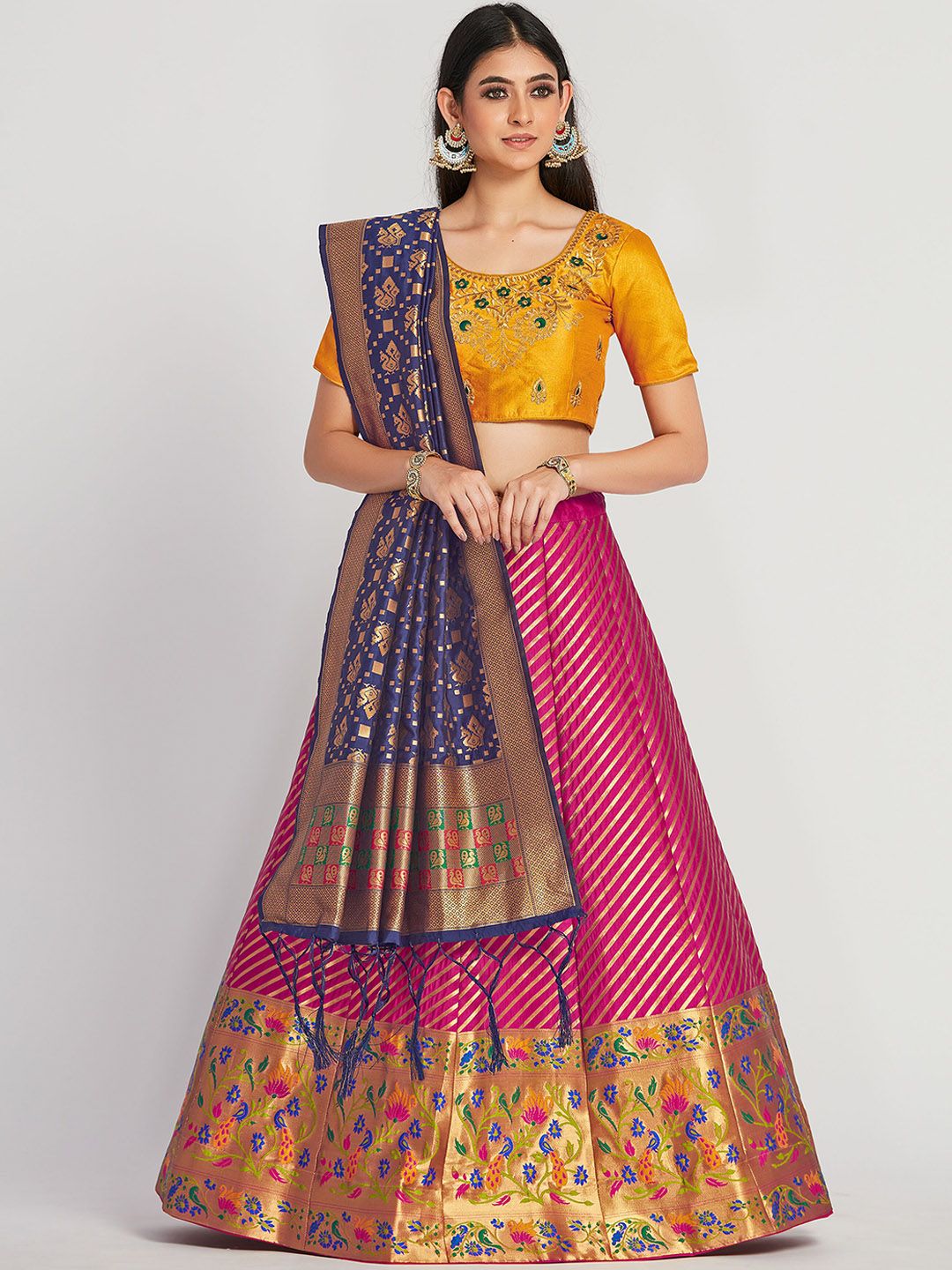 MIMOSA Yellow & Pink Embroidered Unstitched Lehenga & Semi-Stitched Blouse with Dupatta