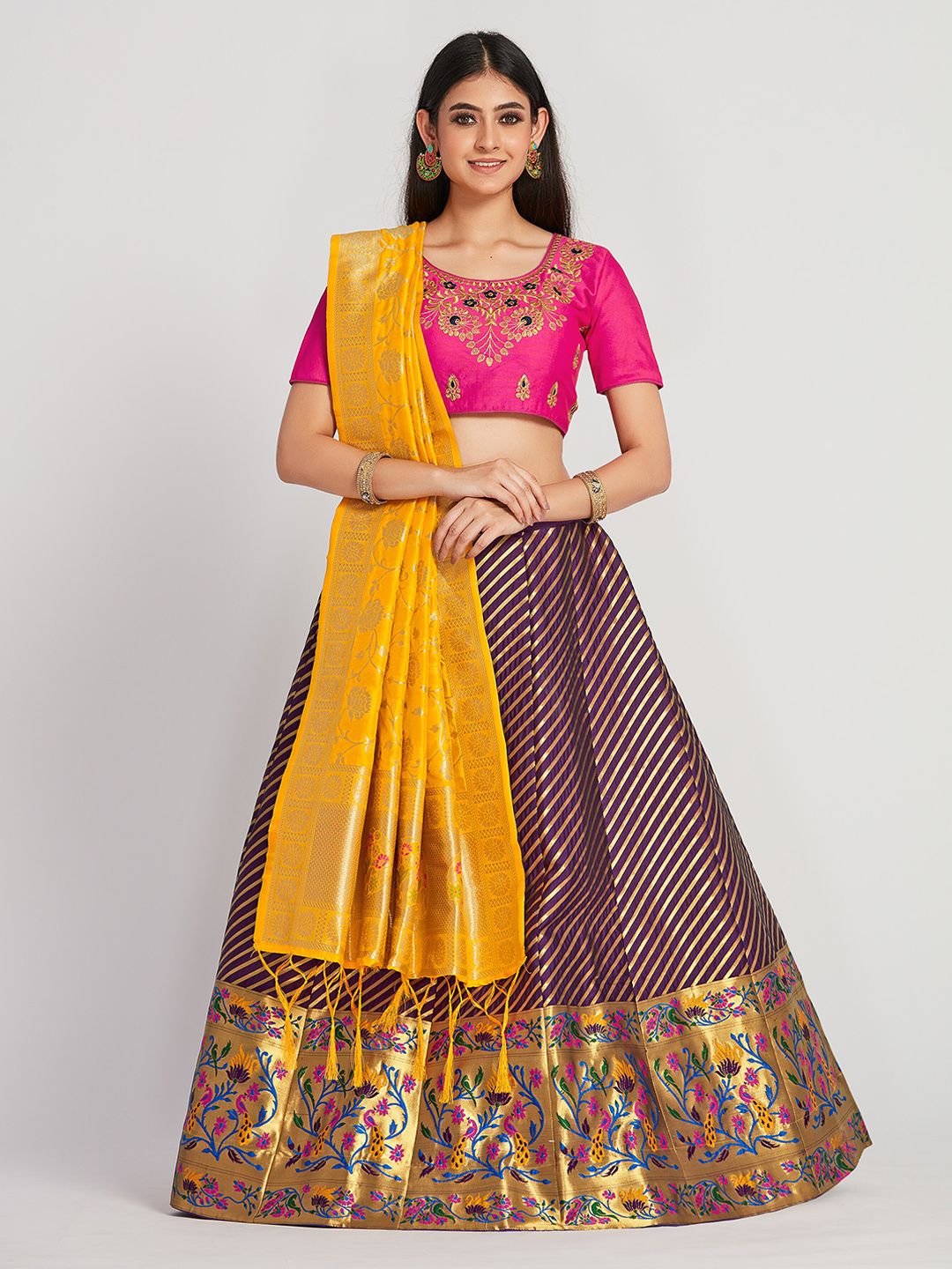 MIMOSA Purple & Pink Embroidered Semi-Stitched Lehenga & Blouse with Dupatta