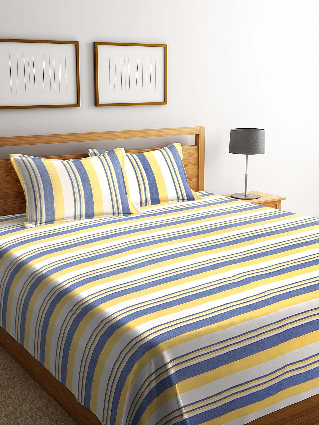 Klotthe Yellow & Off-White Striped Double Bed Cover With 2 Pillow Covers Price in India