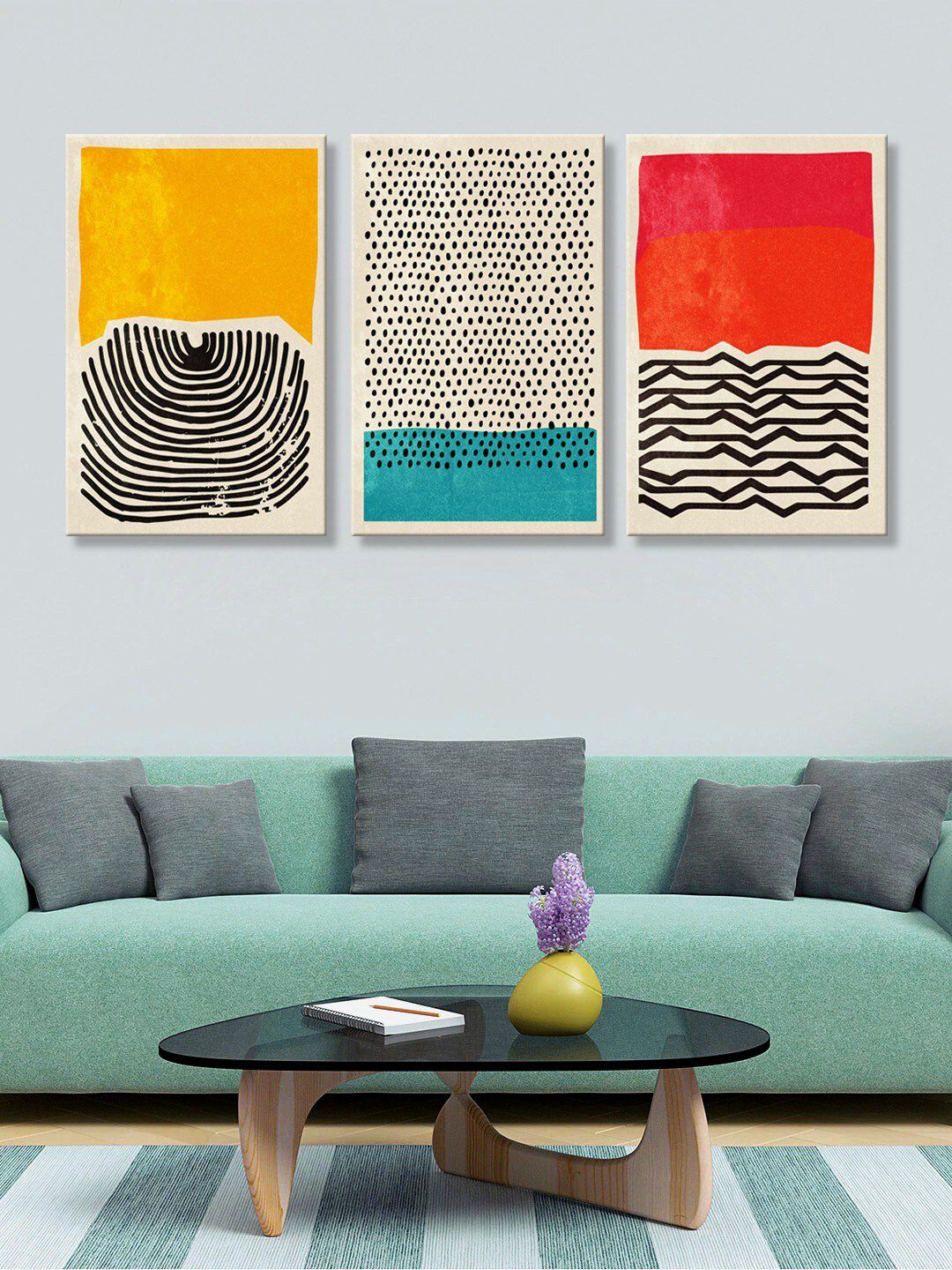 999Store Set of 3 White & Yellow Abstract Printed Canvas Wall Art Price in India