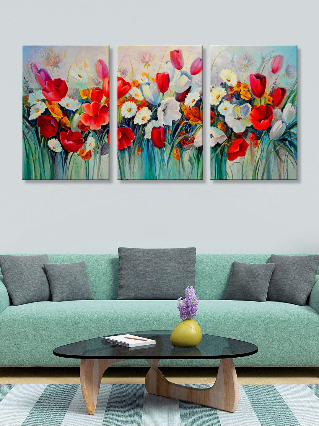 999Store Set of 3 Red & Green Flower with Tree Canvas Wall Art Price in India