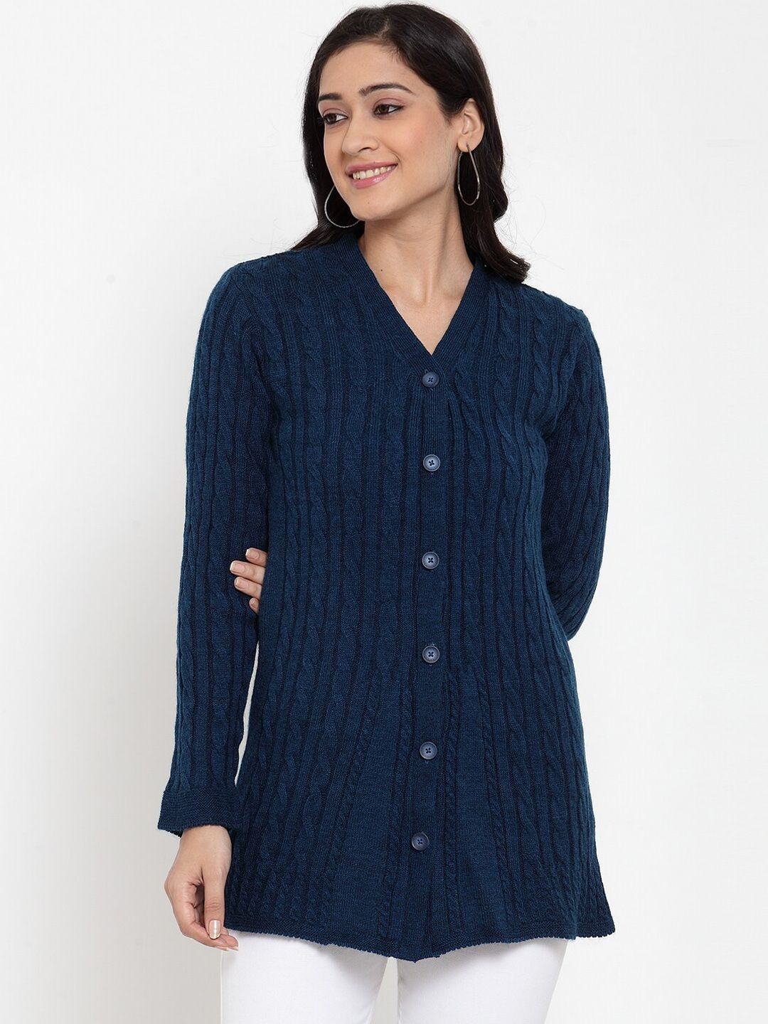 Kalt Women Teal Blue Self Design Cardigan Sweater Price in India
