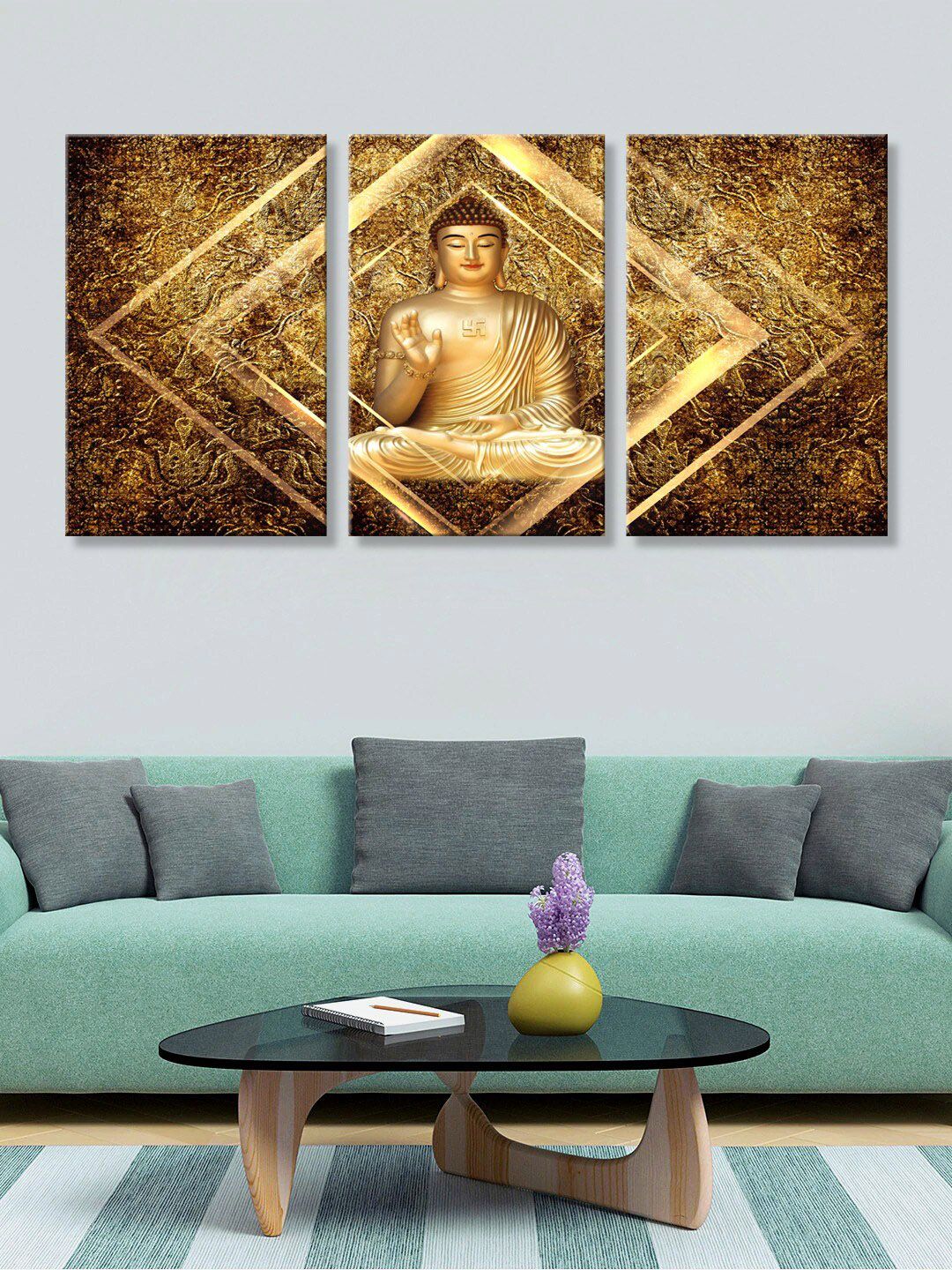 999Store Set of 3 Gold-Toned & Brown Lord Buddha HD Canvas Wall Paintings Price in India