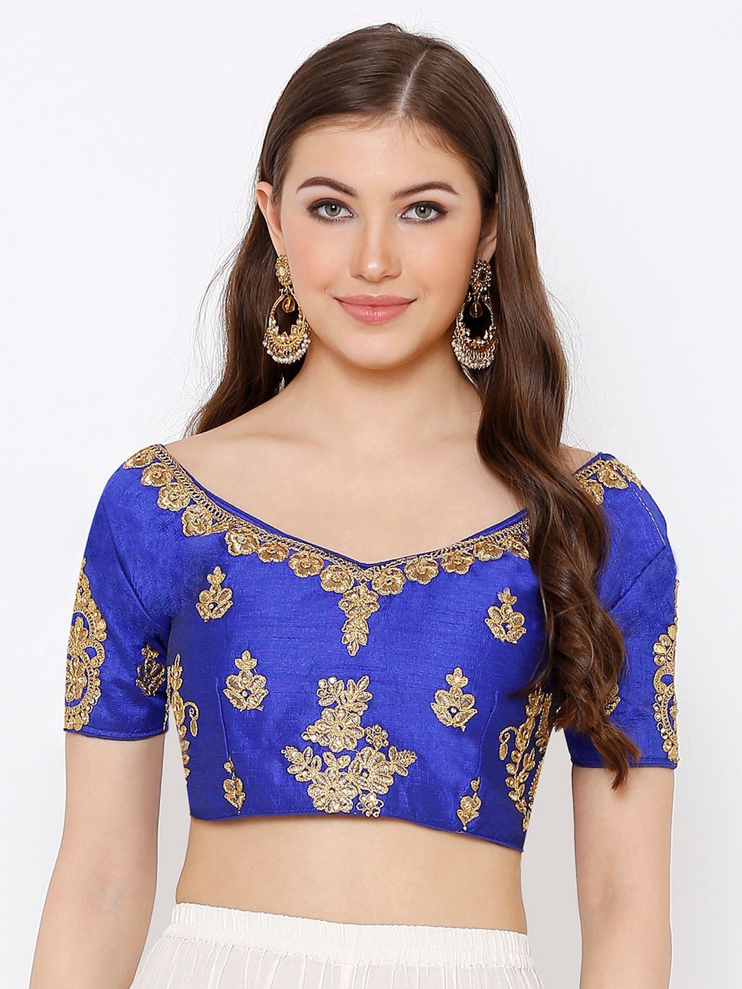 SALWAR STUDIO Women Blue & Gold-Coloured Embroidered Saree Blouse Price in India