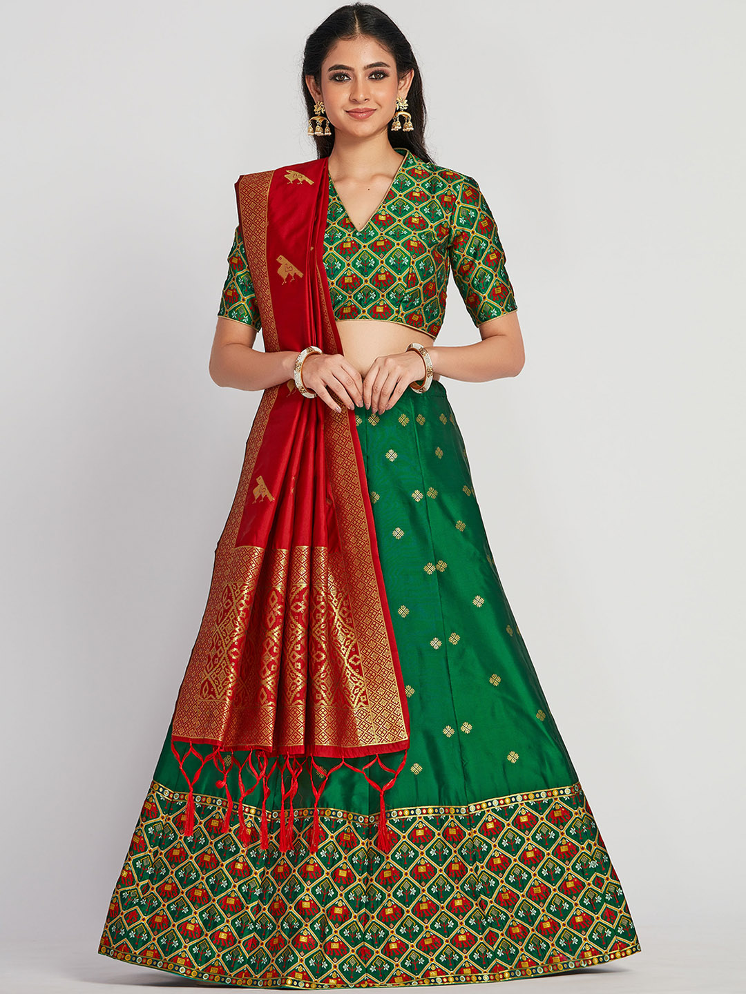 MIMOSA Green & Red Woven Design Semi-Stitched Lehenga & Unstitched Blouse with Dupatta Price in India