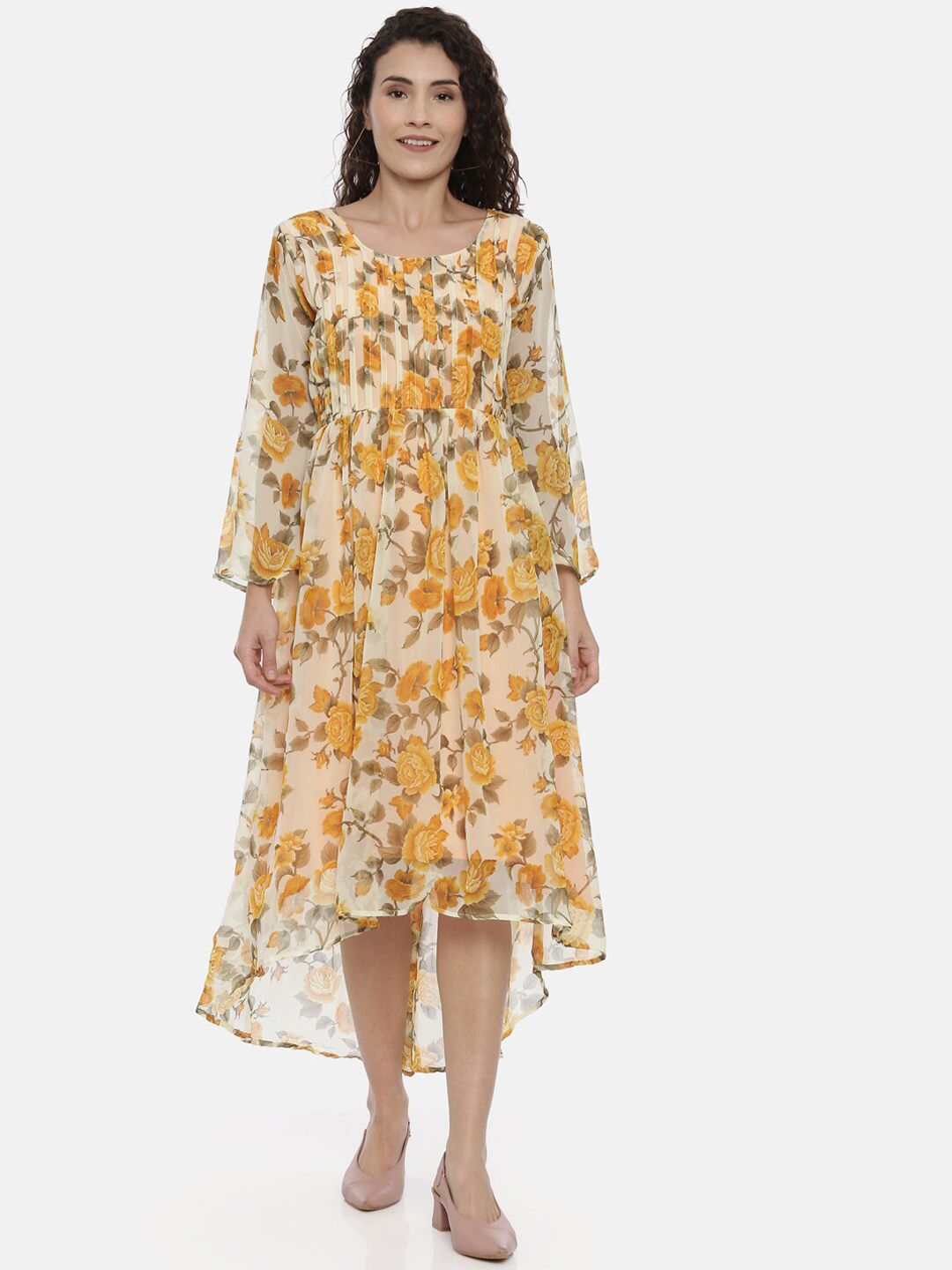 Souchii Women Cream-Coloured Floral Printed A-Line Dress Price in India