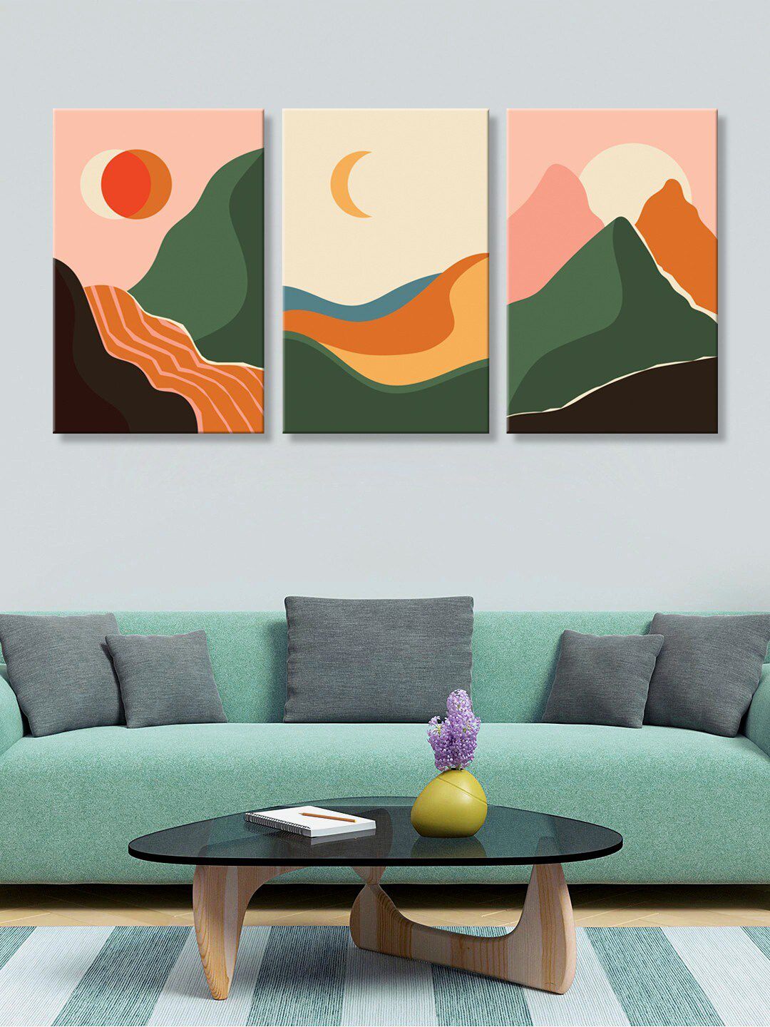 999Store Set Of 3 Green & Pink Sunlight & Moon Light With Mountain Canvas Paintings Price in India