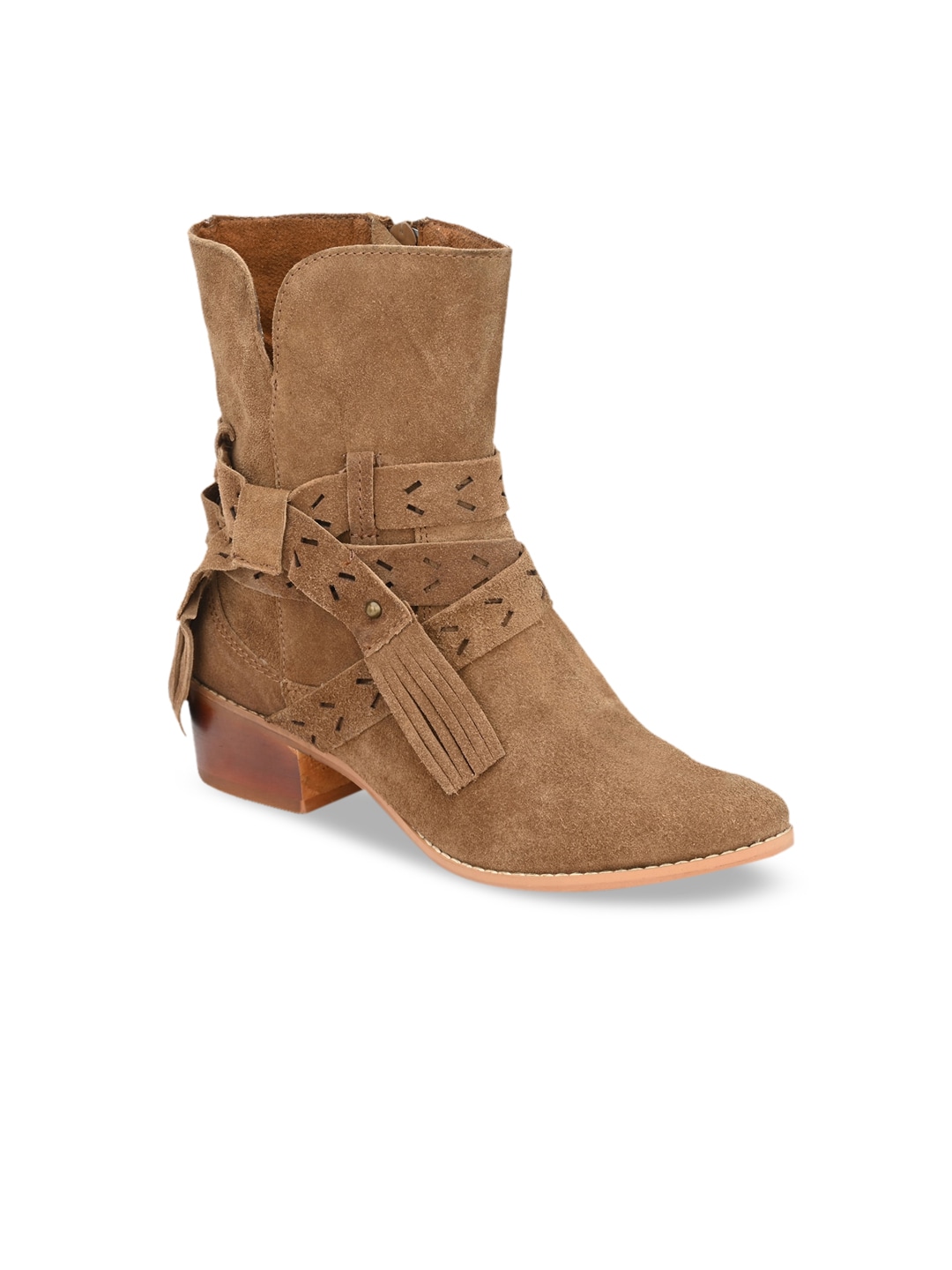 Zebba Women Tan Brown Embellished Heeled Boots Price in India